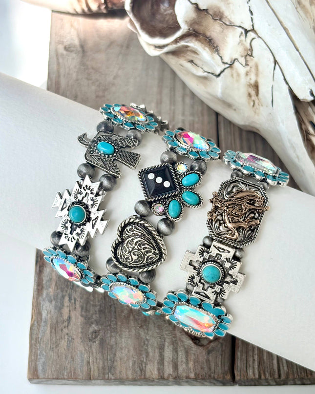 Western Style Turquoise Stone Rhinestone Stretch Bracelet