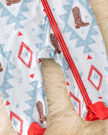 Aztec & cowboy boot printed baby onesie. RPB50758 jean