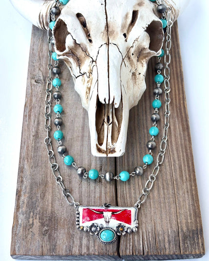 2 Layered Navajo Pearl Turquoise Stone Pendant Necklace