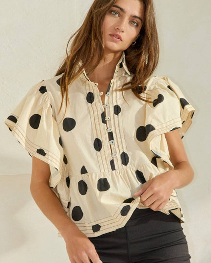IT2337 Ruffle Sleeves Pintuck Detail Polka Dot Print top