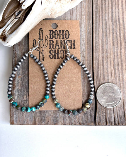 Western Navajo Style Pearl Teardrop Hoop Dangle Earrings