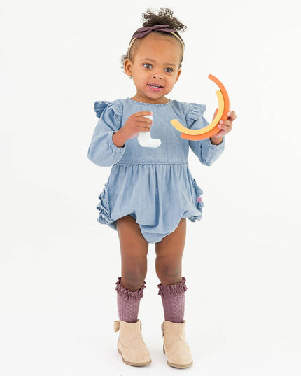 Baby Girls Light Wash Denim Long Sleeve Flutter Bubble Romper