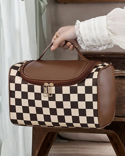 Checkered PU Leather Zipper Makeup Bag 9.6"*6.1"*6.1"