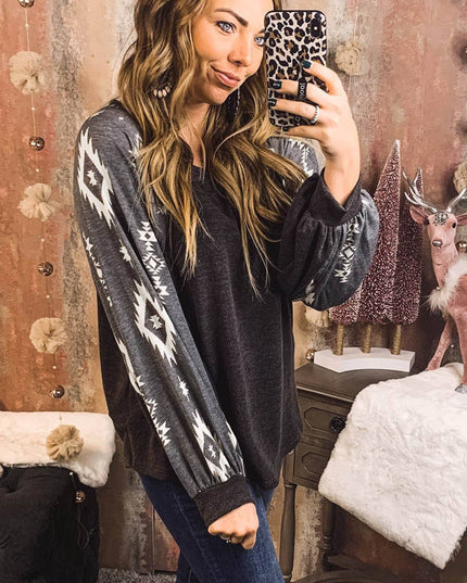 Customizable Western Print Patch Long Sleeve Top