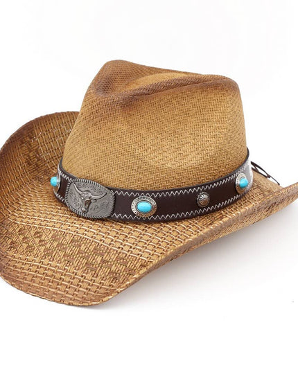 Western Long Horn Concho Strap Straw Cowboy Hat