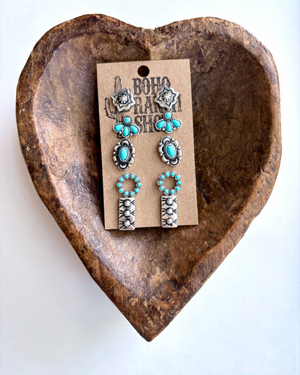 5 Pair Western Theme Stone Stud Earring Set