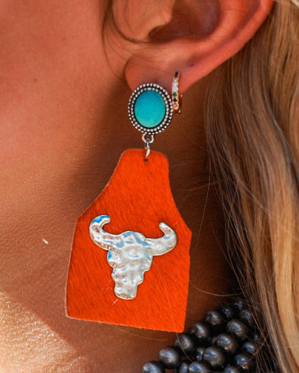 Take A Number Cowboy Orange Cowhide Copper Cow Skull Stud Earrings