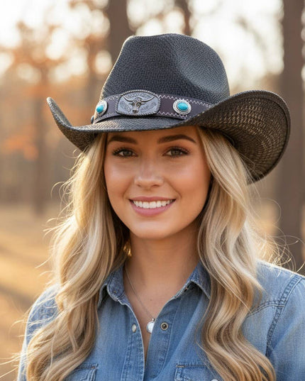 Western Long Horn Concho Strap Straw Cowboy Hat