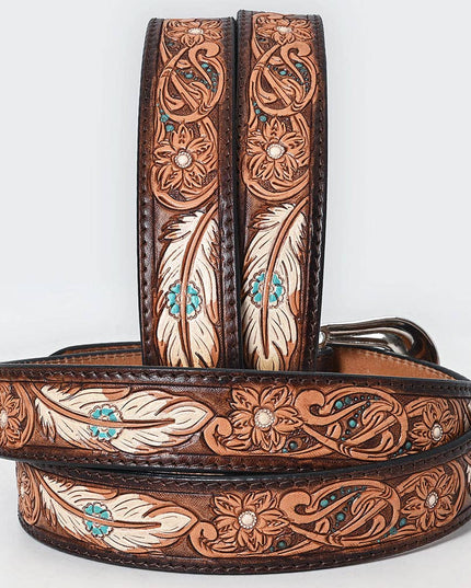 LC-ADBLF209 Tooled Leather Western Belt with White Feathers, Turquoise Accents & Floral Design