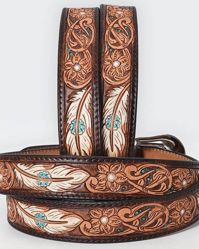 LC-ADBLF209 Tooled Leather Western Belt with White Feathers, Turquoise Accents & Floral Design
