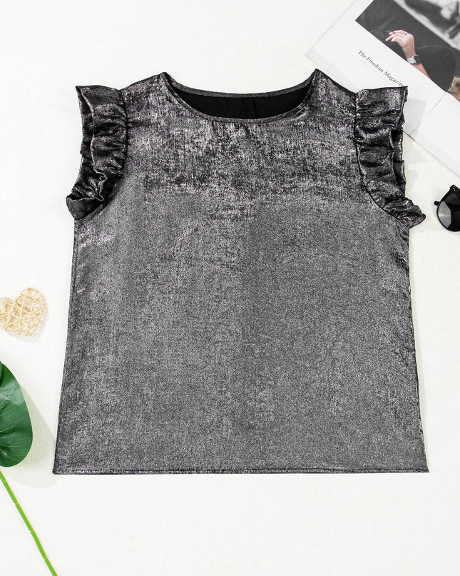 Silver Metallic Ruffle Shoulder Sleeveless Party Top