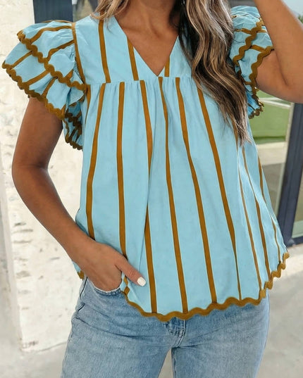 Stripe Ricrac Trim Ruffle V Neck Blouse S-XL