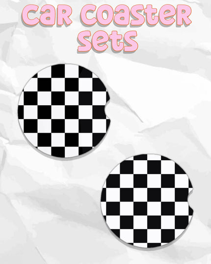 Checkered black and white car coasters