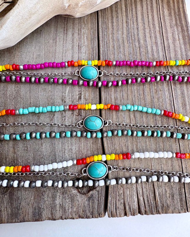 3 Layered Navajo Style Pearl Bead & Stone Concho Bracelet