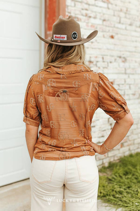 Brown Cattle Brand Burnout Collared Button Down Shirt