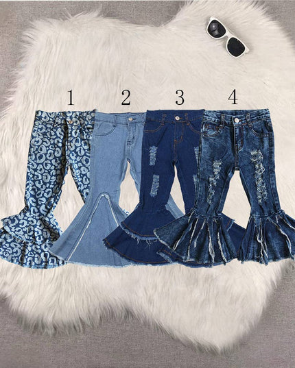 Sibling Baby Girls Blue Leopard Bell Bottoms Denim Jeans