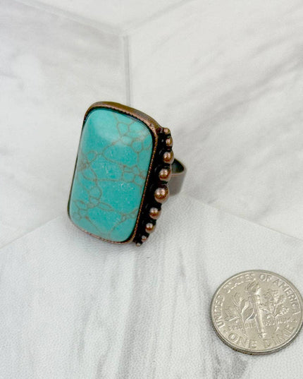 RZ231205-76                     Copper metal with blue turquoise rectangle stone adjustable Ring