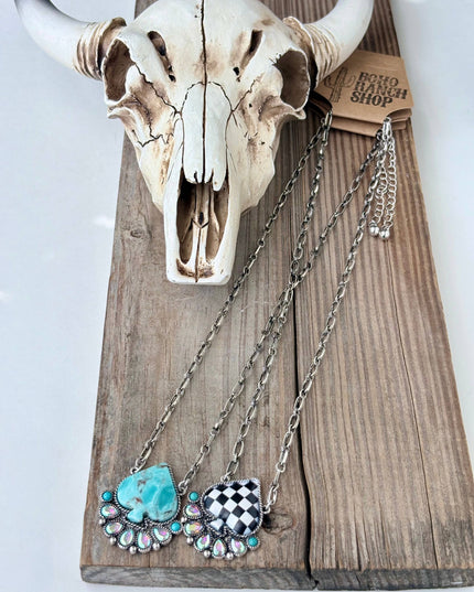 Checker Spade Turquoise Stone Rhinestone Pendant Necklace - Checkered