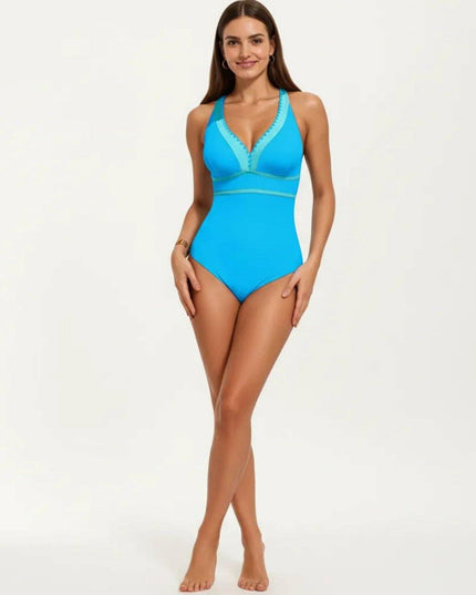 One Piece Swimsuit with Deep V Neck Contrast Trim and Sculpted Waist Design