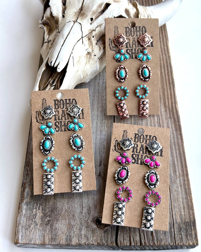 5 Pair Western Theme Stone Stud Earring Set