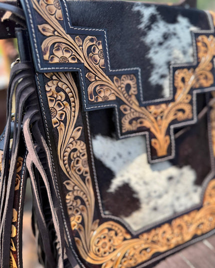 Genuine Western Cowhide Leather Purse or Clutch with cowhide and tooled details a Double B Wild Rags Exclusive