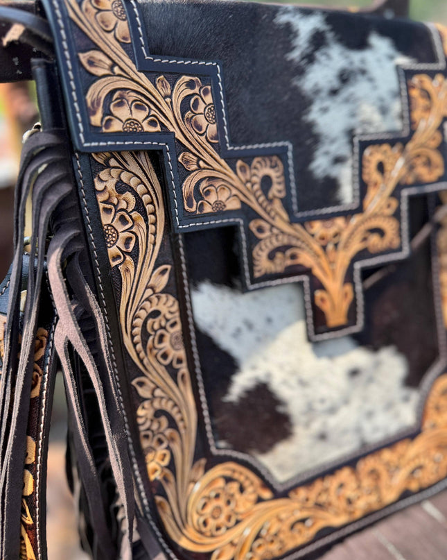 Genuine Western Cowhide Leather Purse or Clutch with cowhide and tooled details a Double B Wild Rags Exclusive