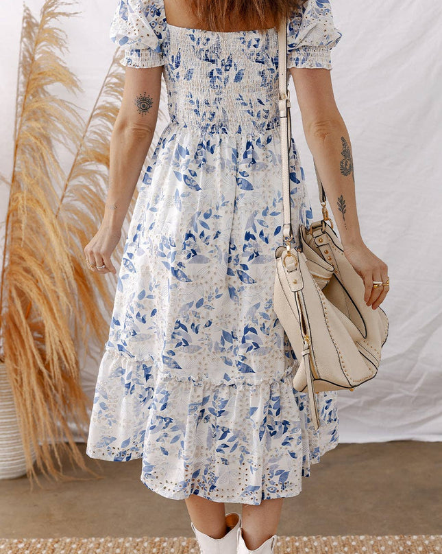 Sky Blue Smocked Bodice Short Puff Sleeve Tiered Floral Midi Dress