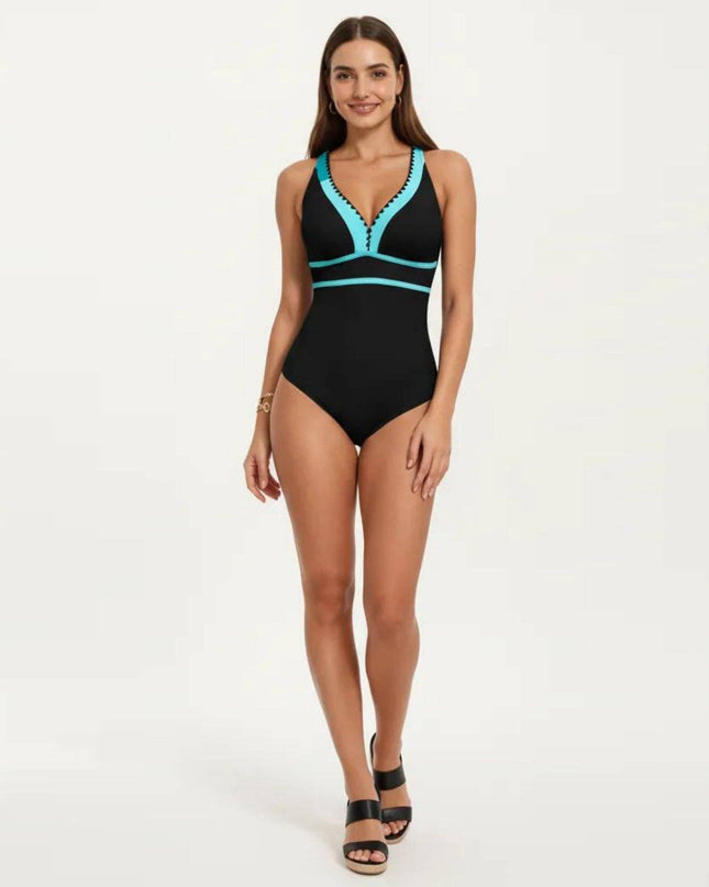 One Piece Swimsuit with Deep V Neck Contrast Trim and Sculpted Waist Design
