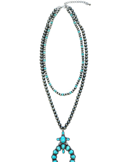 Silver and Turquoise Navajo Pearl Double Layer Squash Blossom Necklace