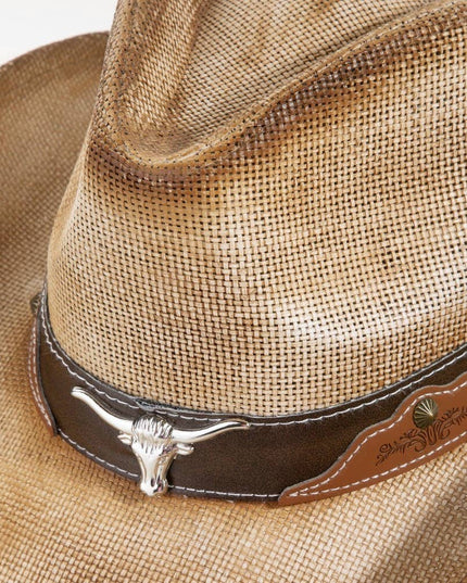 Western Long Horn Strap Trim Straw Cowboy Hat
