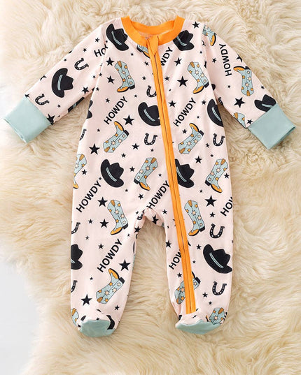 Howdy" Western printed on blue baby bodysuit . RPB50470 SOL
