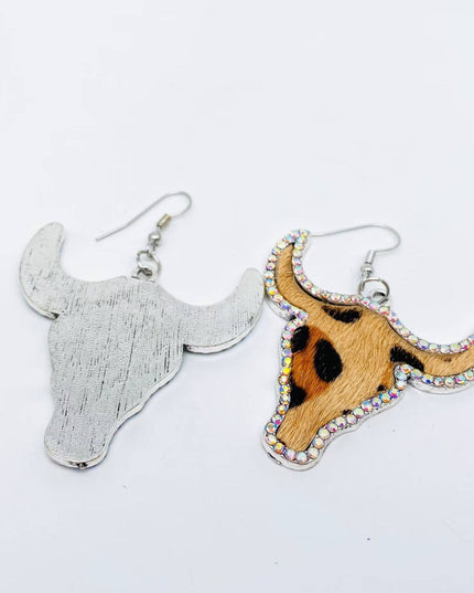 Western Style Cowboy Rhinestone Cowhide Cowhead Earrings -WJ