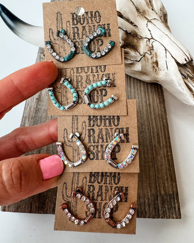 Western Horseshoe Stud Rhinestone Earrings