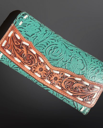 Tooled Leather Turquoise Cowhide Zip Close Wallet