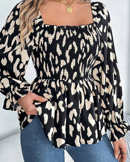 Leopard Square Neck Long Sleeves Frilled Blouse