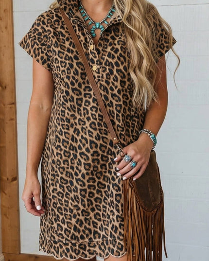 LAS Westren Buttoned Shift Leopard Dress with Pockets (S-XL)