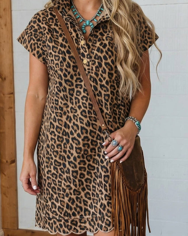 LAS Westren Buttoned Shift Leopard Dress with Pockets (S-XL)
