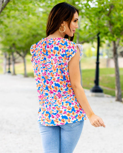 Colorful Pattern Ruffle Cap Sleeve Top