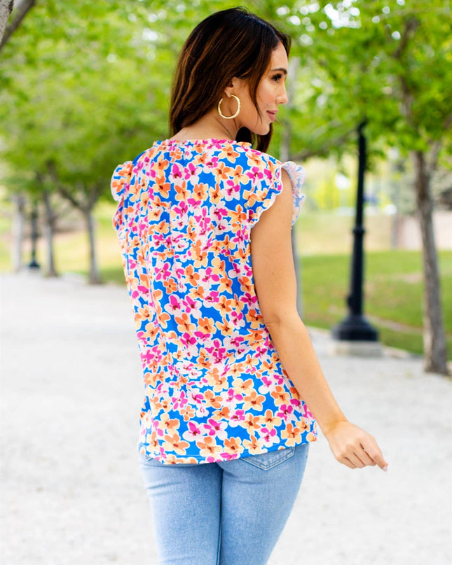 Colorful Pattern Ruffle Cap Sleeve Top