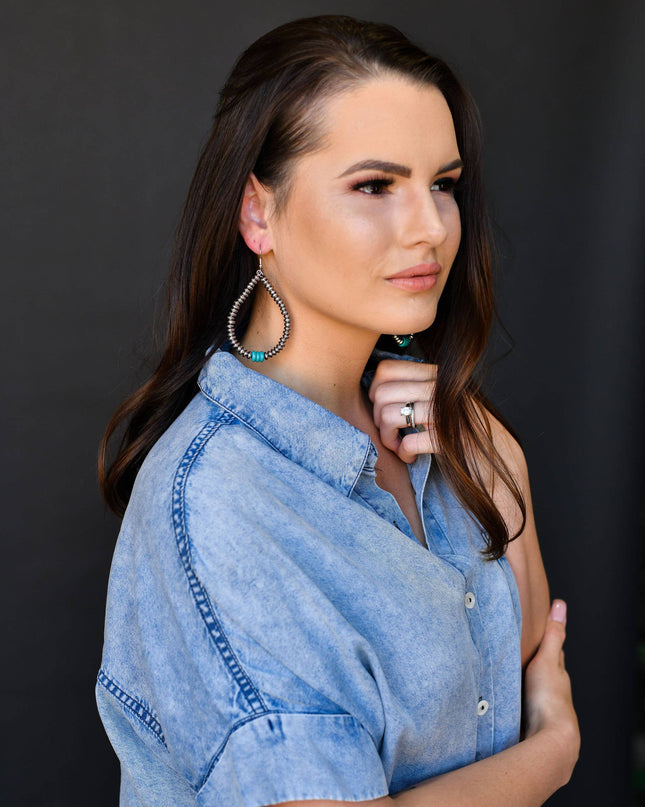Metallic Silver/ Turquoise Disk Teardrop Earring