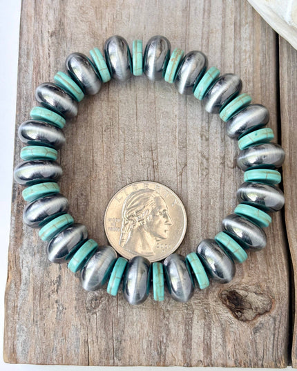 Western Style Flat Navajo Pearl & Turquoise Stretch Bracelet