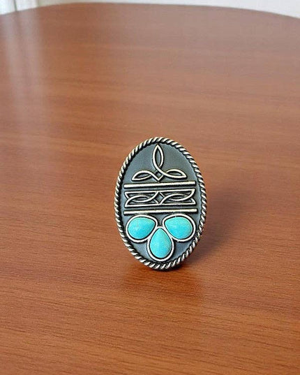 WESTERN BOOT STITCH TQ GEM ACCENT OVAL CUFF RING