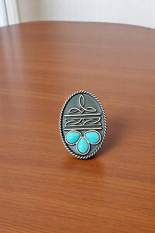 WESTERN BOOT STITCH TQ GEM ACCENT OVAL CUFF RING