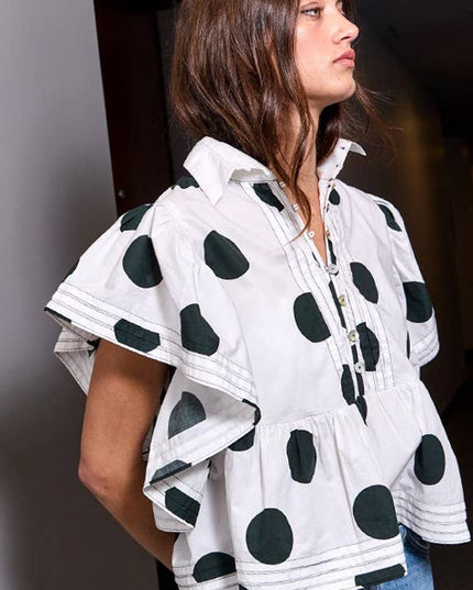 IT2337 Ruffle Sleeves Pintuck Detail Polka Dot Print top