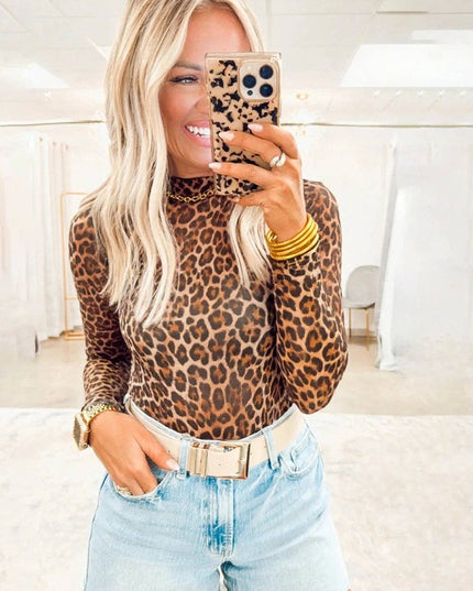 Brown Leopard Mock Neck Long Sleeve Mesh Top