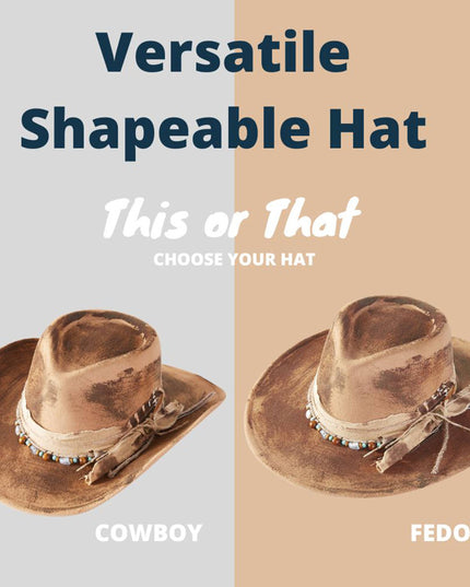 Distressed Fabric Band Feather Cowgirl Fedora Hat