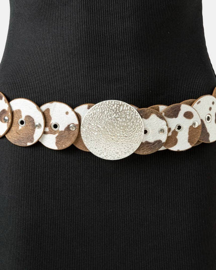 Western Inspired Cowhide Large Round Buckle Vegan Leather Belt