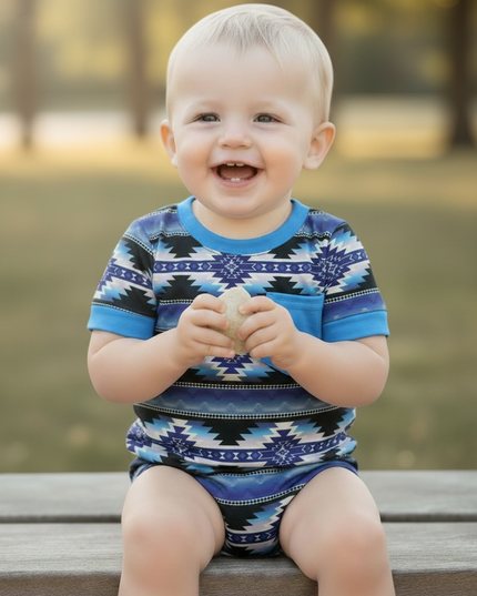 Boys Teal Aztec Printed Cream Button-Up Shirt and Shorts Set. SR120206-JEAN