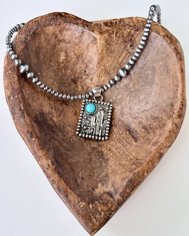 Western Cactus Turquoise Stone Navajo Pearl Pendant Necklace