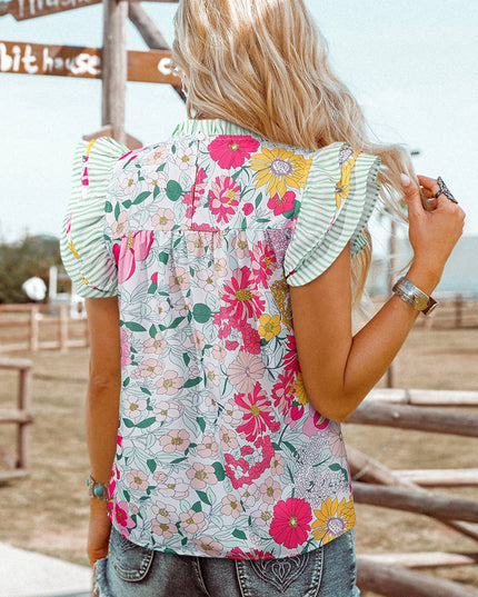 Fashion Floral Contrast Ruffle Trim Short Sleeve Boho Blouse